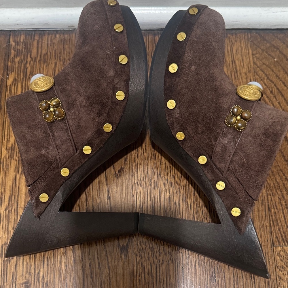 Veronica Beard Giana Charms Espresso Brown Suede Platform Clogs Mules 6 - Picture 7 of 11